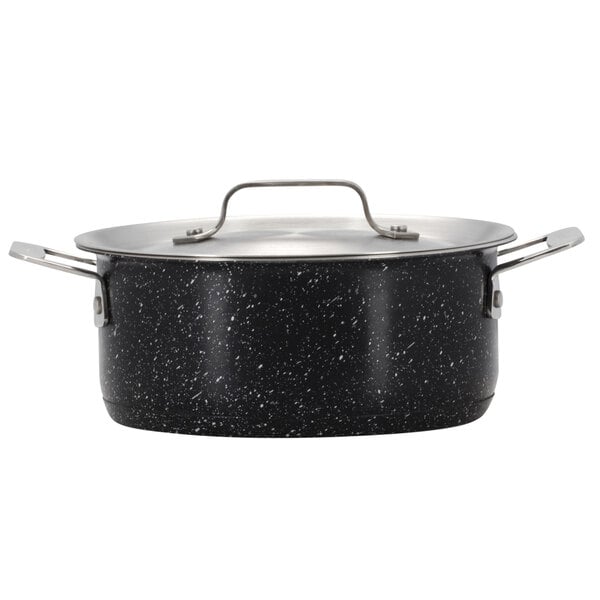 A black and silver Bon Chef Cucina stainless steel pot with a lid.