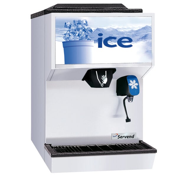A white and blue Servend countertop ice and water dispenser.
