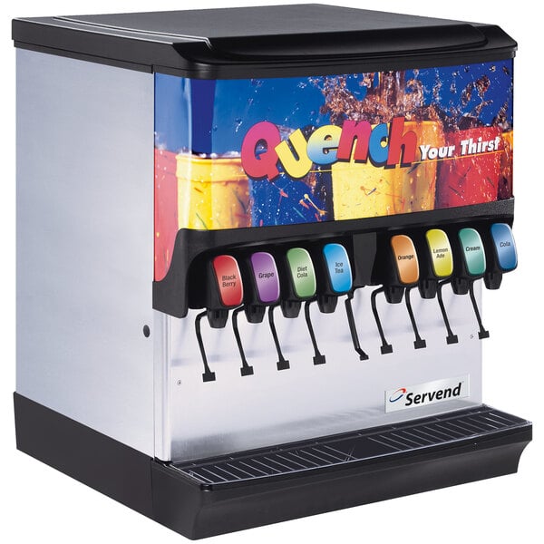 A Servend countertop soda fountain machine with several colorful drink dispensers.