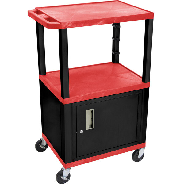 Luxor WT2642RC2E-B Red Tuffy Two Shelf Adjustable Height A/V Cart with Locking Cabinet - 18" x 24"