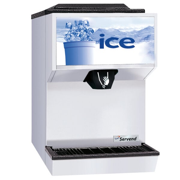 A white Servend countertop ice dispenser with a blue bucket of ice.