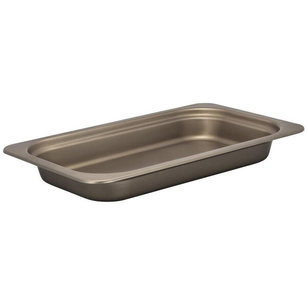 A Bon Chef taupe rectangular stainless steel food pan with a lid.