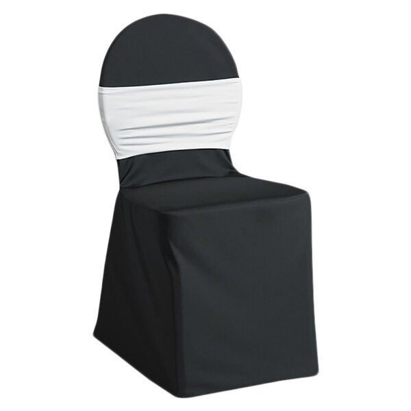 A white chair cover with a white band over a black chair.