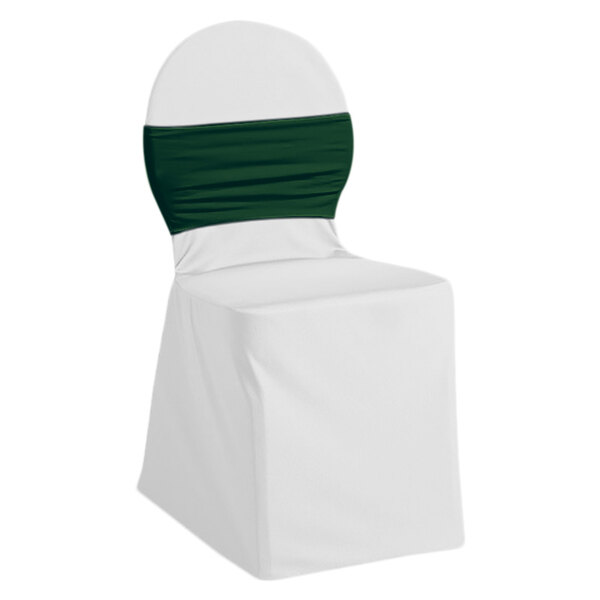 A white chair with a green Snap Drape Silhouette II chair cover band.