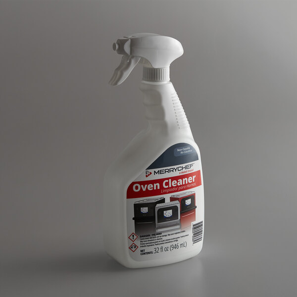 A white bottle of Merrychef oven cleaner with a red label and a sprayer on it.