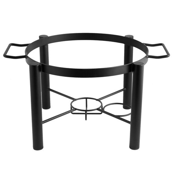 A round black metal Acopa chafer stand with two handles.
