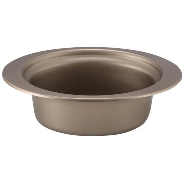 A taupe metal food pan with an oval rim.