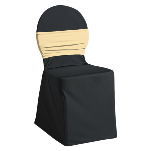 A cream chair cover band with a black and tan stripe.