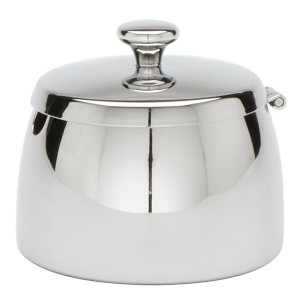 An American Metalcraft stainless steel sugar bowl with a lid.