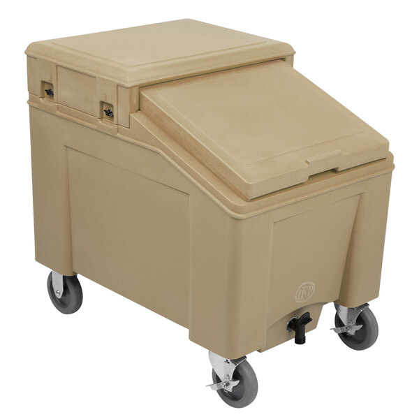 A tan plastic IRP mobile ice bin on wheels.