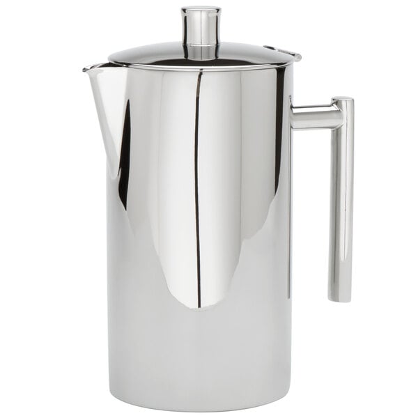 An American Metalcraft stainless steel coffee pot with a handle.