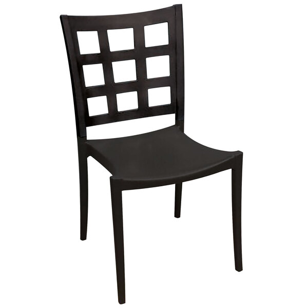 A Grosfillex Plazza black plastic outdoor restaurant chair with a square back.