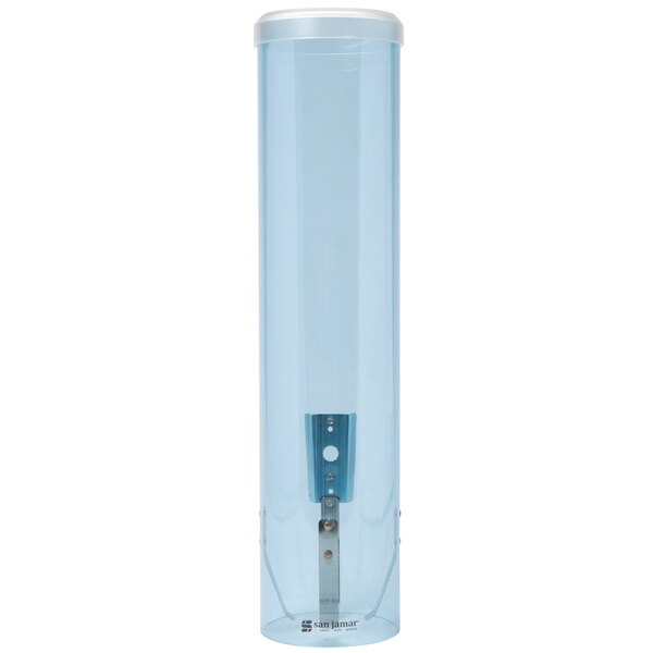 A clear plastic San Jamar water cup dispenser with a blue metal handle.