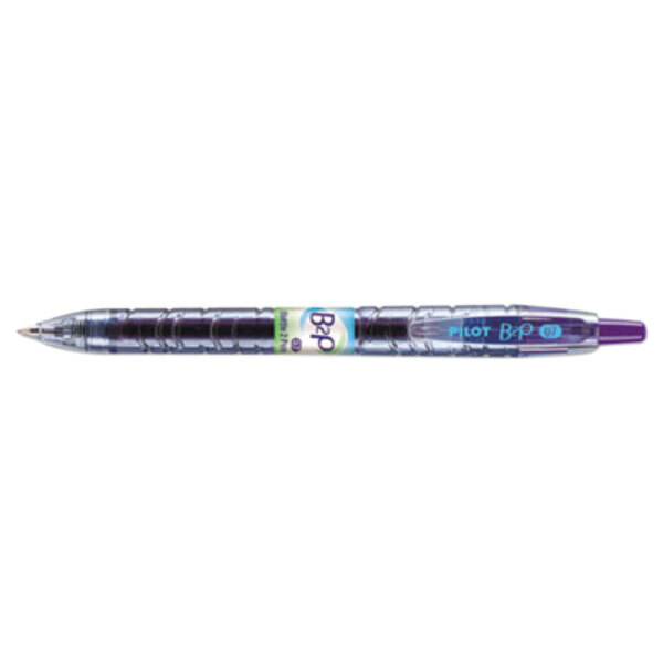 The Pilot Bottle-2-Pen with a translucent blue barrel, purple cap, and black tip.
