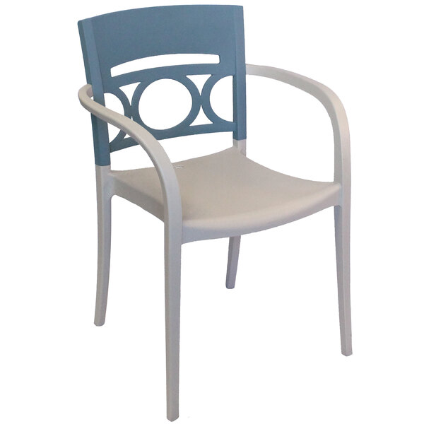 A white plastic chair with a blue seat and back.