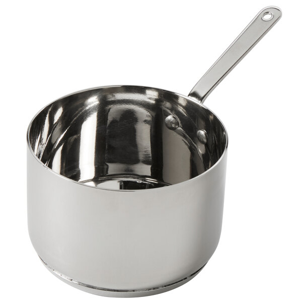 An American Metalcraft stainless steel mini pot with a handle.