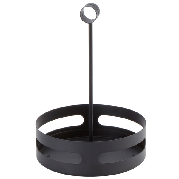 An American Metalcraft black metal condiment caddy with a handle.