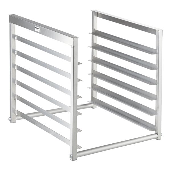 A metal rack with horizontal slots designed to hold multiple trays or pans, featuring an open frame and a silver finish.