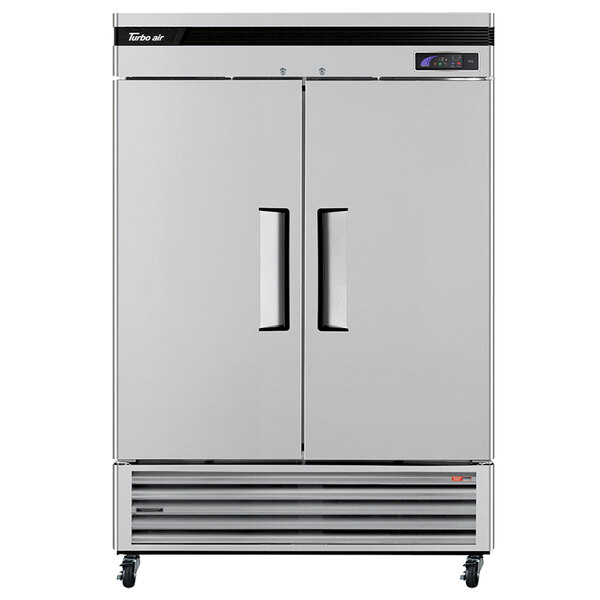 A Turbo Air stainless steel reach-in freezer with two solid doors.