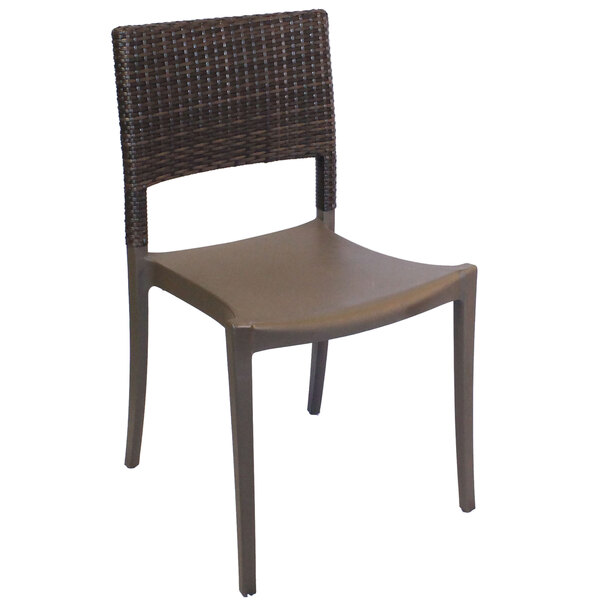 A brown Grosfillex Java resin sidechair with a wicker back.