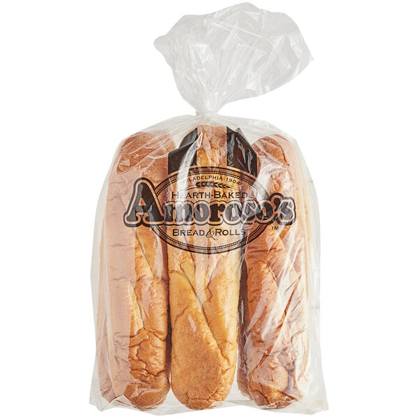 A case of Amoroso's 12" Philadelphia Hearth-Baked Sliced Hoagie Rolls in plastic bags.
