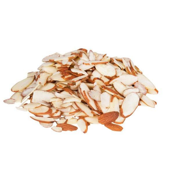 A pile of Blue Diamond raw sliced almonds on a white background.