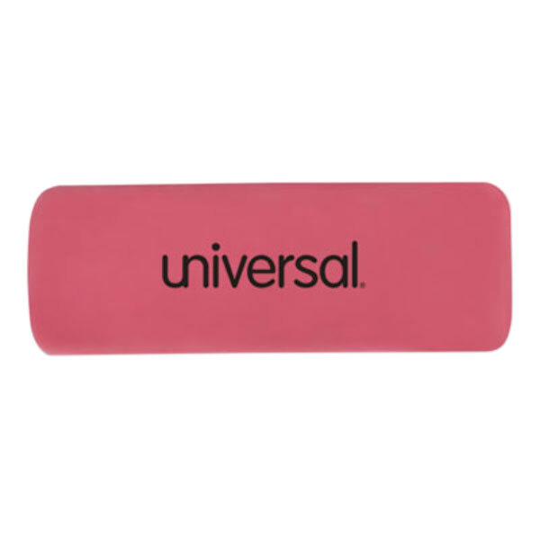 A pink Universal bevel block eraser with black text.