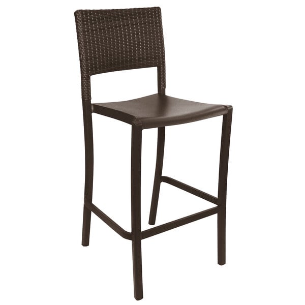 A brown wicker and aluminum bar stool with a backrest.