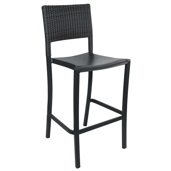 A black aluminum barstool with a wicker back.