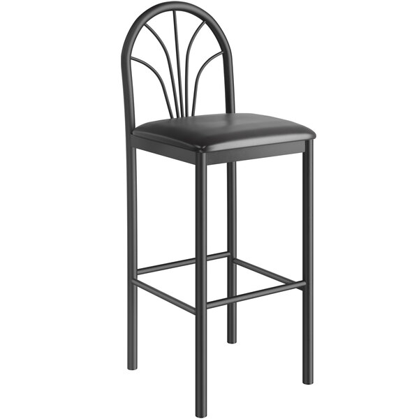 A Lancaster Table & Seating Spoke Back black bar stool with black vinyl seat.