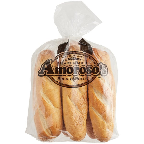 A case of Amoroso's sliced hoagie rolls in plastic bags.