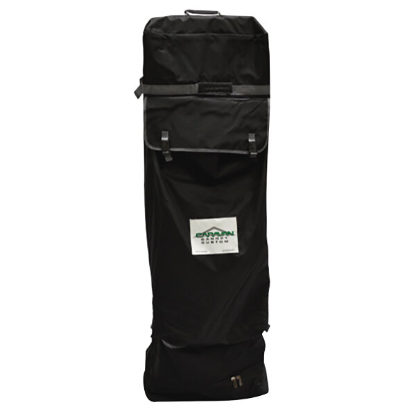 A black bag with a white label and straps for a Caravan Canopy.