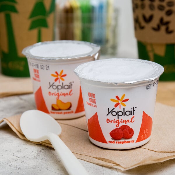 A close-up of two Yoplait yogurt containers with spoons on top.