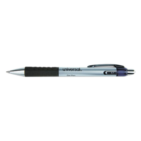 A Universal Comfort Grip rollerball gel pen with a clear barrel and black and silver tip.