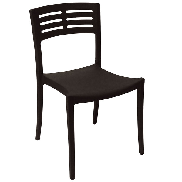 A pack of 4 black plastic Grosfillex Vogue sidechairs with backrests.