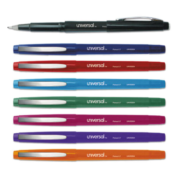 A pack of Universal assorted barrel medium point porous tip stick pens with six different colors of ink.