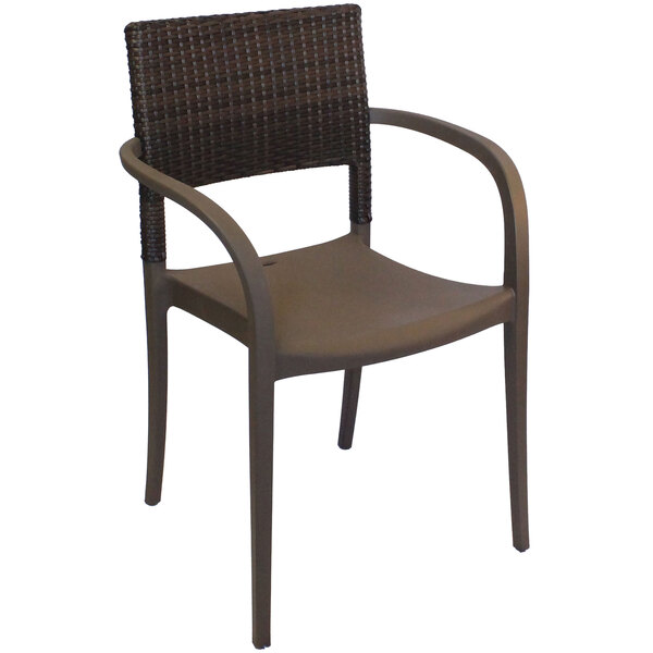 A Grosfillex Java bronze resin armchair with wicker back on a white background.