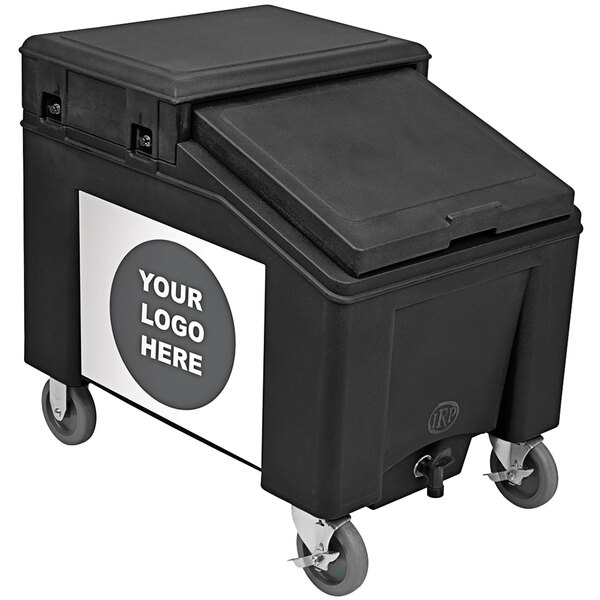 A black plastic container with wheels and a lid with an Ice Cold Beverage graphic.
