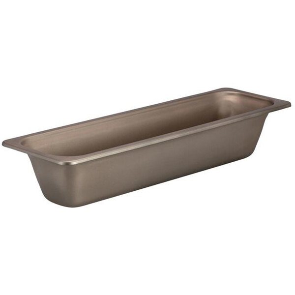 A Bon Chef rectangular metal food pan in taupe with a lid.