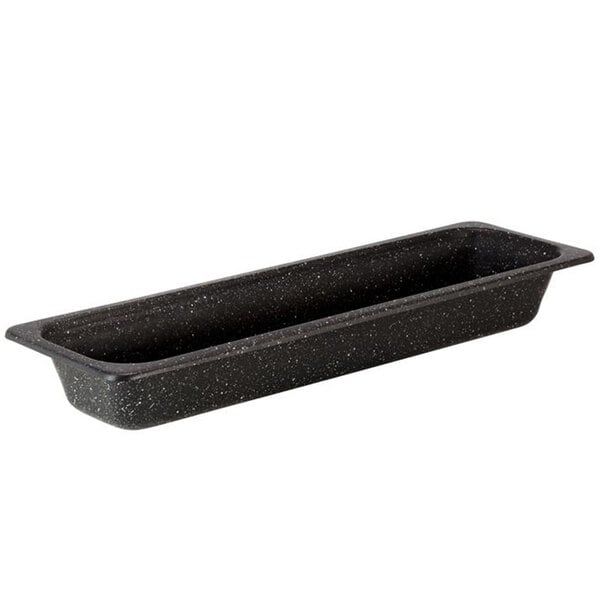 A rectangular stainless steel food pan with a black speckled galaxy design.