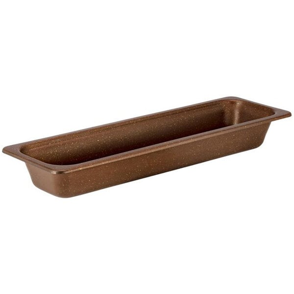 A rectangular brown stainless steel food pan with a handle.