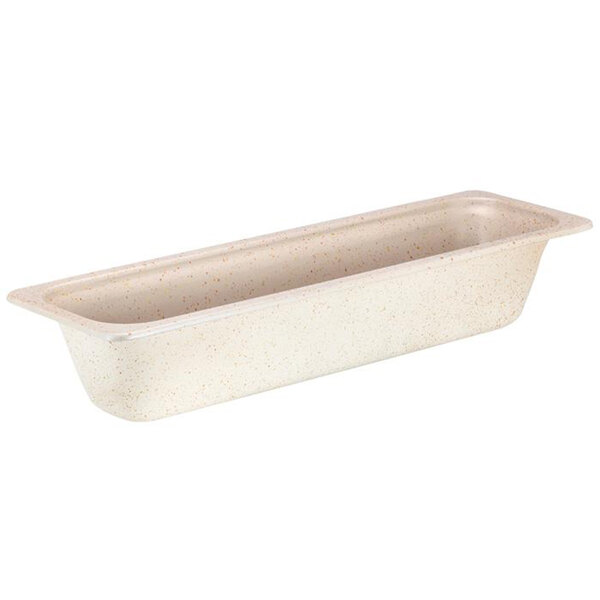 A stainless steel rectangular food pan with a white lid.