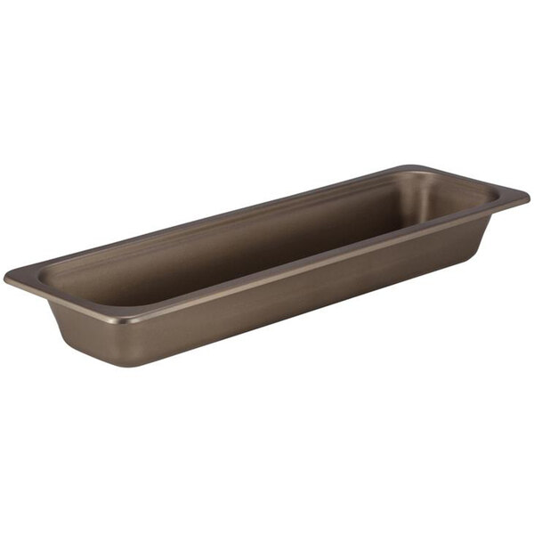 A rectangular brown Bon Chef stainless steel tray with a handle.