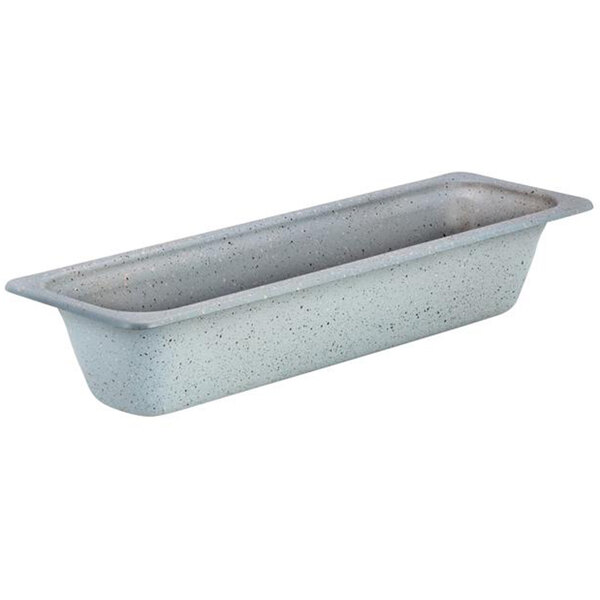 A rectangular stainless steel food pan with a star design on the bottom.