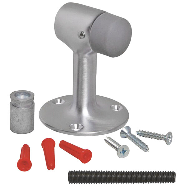 A close-up of a stainless steel FMP floor mount door stop with screws and nuts.