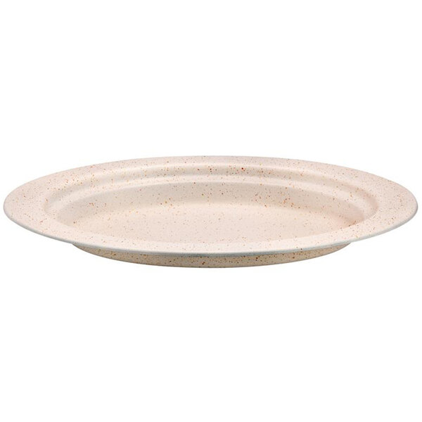 A white Bon Chef oval food pan with speckled spots.