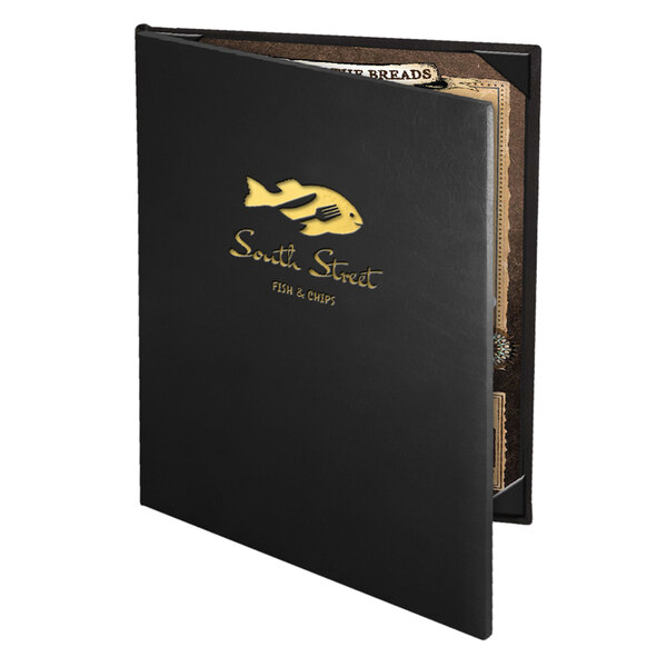 A black leather Menu Solutions Chadwick menu folder with gold text on it.