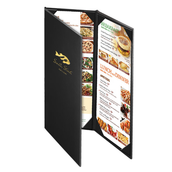 A black leather-like Chadwick menu cover with gold borders and gold leaf.