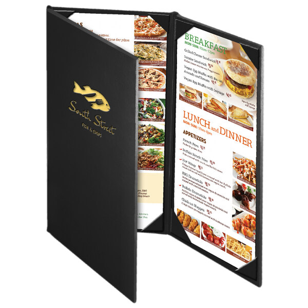 A black Menu Solutions Chadwick Collection leather-like menu cover with gold trim.
