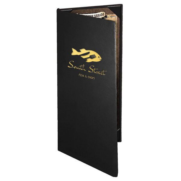 A black Menu Solutions Chadwick Collection leather-like menu cover with gold logo on it.
